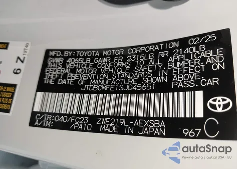 2025 Toyota Corolla Hybrid Se from USA, damaged, VIN JTDBCMFE1SJ045651